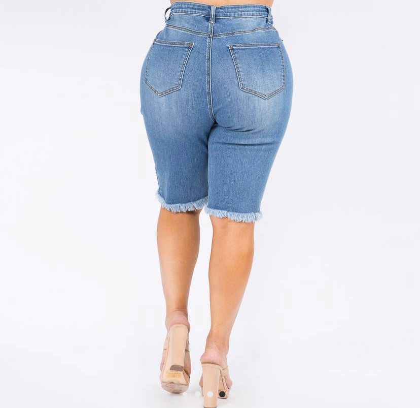 Plus Size High Waist Distressed Bermuda Denim Shorts