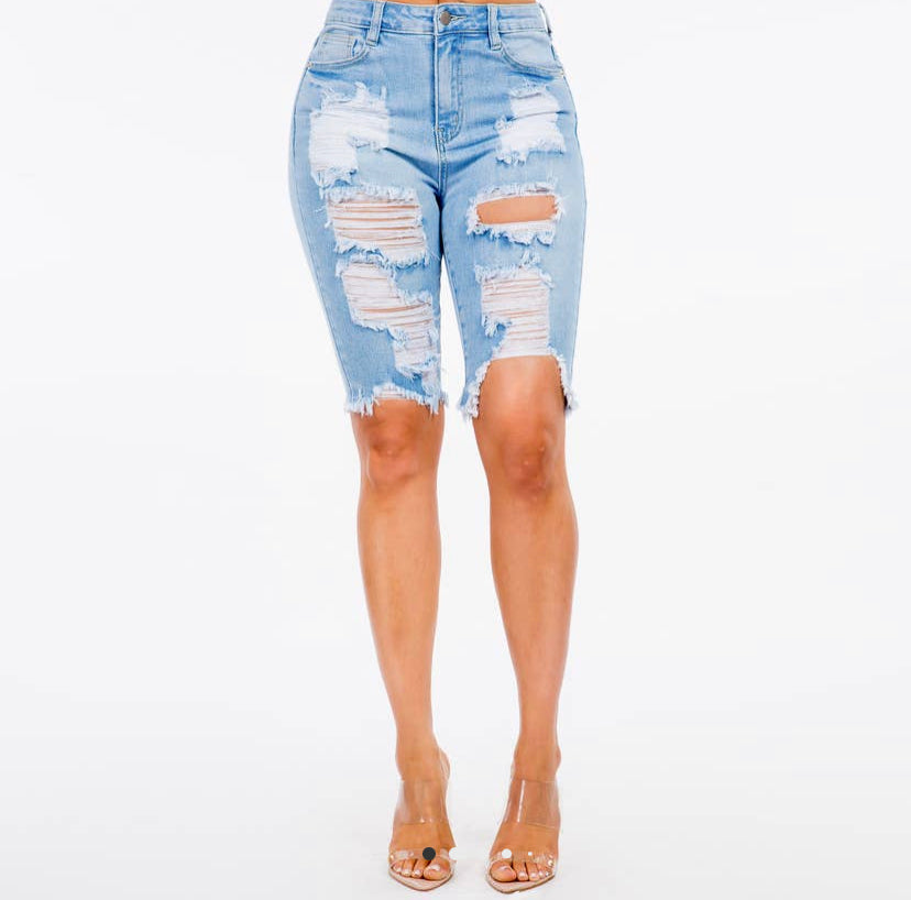 Plus Size High Waist Distressed Bermuda Denim Shorts